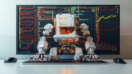 AI robot analyzing real-time market trends, colorful 3D rendering, dynamic technology, futuristic design, engaging visual representation of data analytics and innovation.