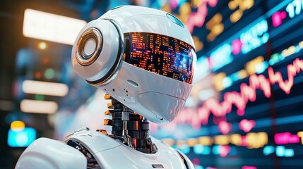 Poster - Market Trend Tracker, a colorful 3D rendered cartoon showcasing an AI robot analyzing and visualizing real-time market trends with engaging animations and vibrant graphics.