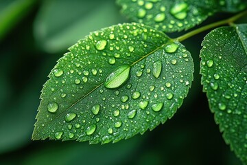 Wall Mural - Close-up of a green leaf with water droplets on it.