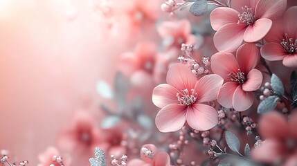 Poster - Serene backdrop of arabesque flowers in pastel pink and silver hues leaving space on the left for text The soft colors create a peaceful and inviting Ramadan Kareem greeting card design