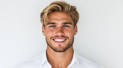 Handsome Scandinavian man with light blonde hair and blue eyes smiling brightly in a tailored white shirt his features sharp against a white background 