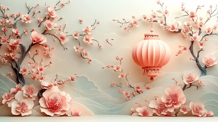 Poster - Serene paper cut style banner displaying a large ornate lantern and delicate floral motifs all in soft pastel shades against a calming cream background leaving room for text on the right
