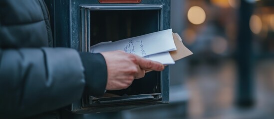 Close-up of a person's hand dropping a letter into a mailbox.