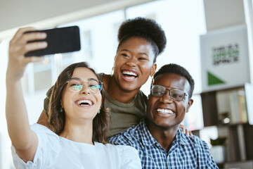 Poster - Happy, business people and team with selfie for photography, picture or memory together at office. Young group, friends or employees with smile in joy for capture, moment or social media at workplace