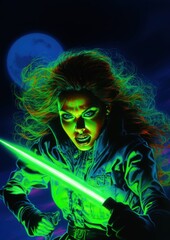 Wall Mural - a woman running away from a killer with a knife portrait glowing adult.