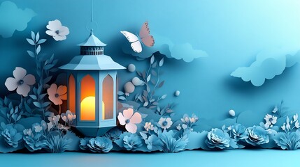 Poster - Serene paper cut style banner showcasing a large Islamic lantern amidst floral elements set on a calming blue background leaving ample room for text on the right