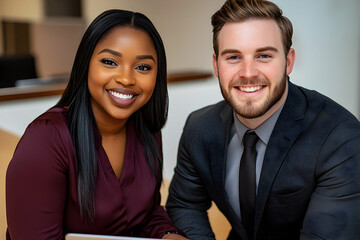 Professional African woman and Caucasian man coworkers in business attire working together at laptop in a contemporary office.