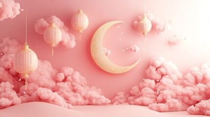 Poster - Serene paper cut style banner with large golden crescent moons and lanterns against a soft pastel pink gradient surrounded by swirling clouds and space for text on the bottom right