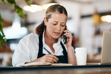 Aufkleber - Mature woman, coffee shop or owner with phone call, notebook or laptop for order confirmation. Thinking, writing and cafe person on mobile technology for menu information, event planning and sales