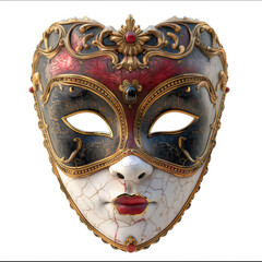 A traditional Venetian masquerade mask with intricate gold and red detailing and a cracked white face.