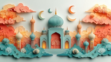 Poster - Serene paper cut style design featuring lanterns and moons surrounded by abstract Islamic patterns in soft pastel colors set against a white background with space for text at the top