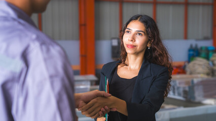 Close up Female manager or professional entrepreneur is interview or discussion with engineer in industry or factory, concept on side occupation or job interview, human resources find colleague.