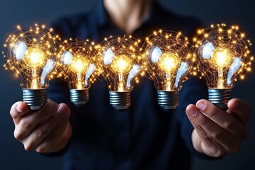 Poster - A person holds five illuminated light bulbs with glowing filaments against a dark background, symbolizing innovation and creativity. Generative AI