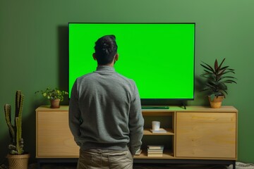 Display mockup man in his 40s in front of an smart-tv with a completely green screen