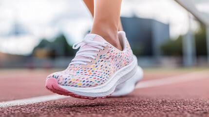 A close-up of a colorful running shoe on a track, capturing the essence of fitness and movement. Ideal for promoting active lifestyle and athletic gear.