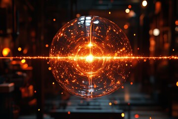 A glowing energy sphere radiates vibrant sparks inside a dark, industrial setting during an artistic exploration of light. Generative AI