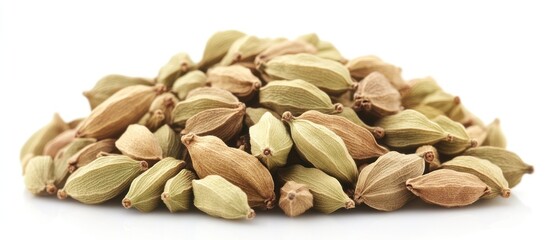 Poster - Close-up of a pile of green and brown cardamom pods isolated on a white background.