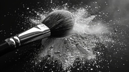 Makeup brush with silver powder explosion on black background. Cosmetics and beauty concept.