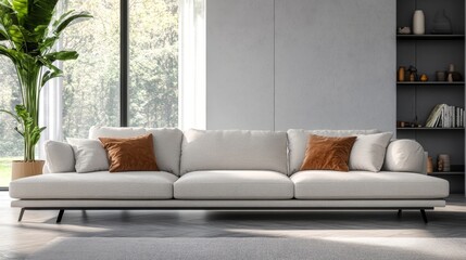 Wall Mural - Modern White Sofa in Minimalist Living Room with Large Window, Indoor Plants, 3D Rendering