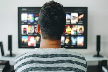 App view asian man in his 20s in front of an smart-tv with a completely black screen