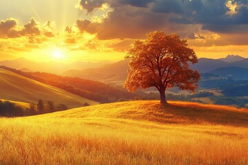 Poster - Golden sunset over rolling hills with a solitary tree in the foreground, creating a tranquil landscape in nature. Generative AI