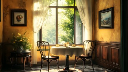 146. An empty sunlit nook with a simple table and chairs