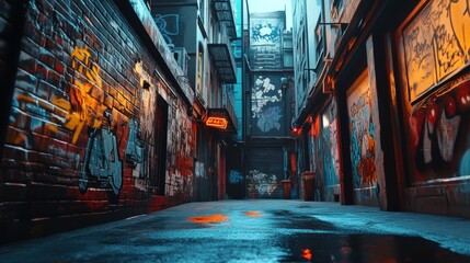 Poster - Graffiti-covered alleyway with puddles.