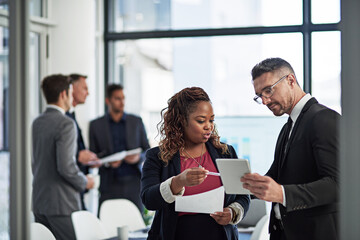 Aufkleber - Paperwork, tablet and business people in office with advice, ideas or planning online report together. Man, woman and digital app in meeting with discussion, schedule or support in corporate teamwork
