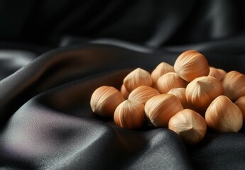 A pile of hazelnuts on black silk fabric, close-up, with copy space, with professional color grading.