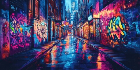 Wall Mural - Neon-lit alleyway with graffiti on the walls.