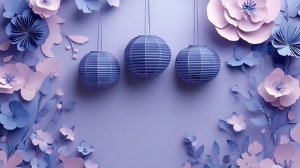 Poster - Simple yet elegant paper cut design with geometric lanterns hanging from thin strings surrounded by floral patterns in the corners set against a soft purple background with space for text
