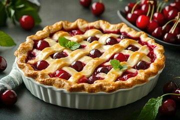 Delicious Cherry Pie with Decorative Elements, dessert, food, baking, sweet