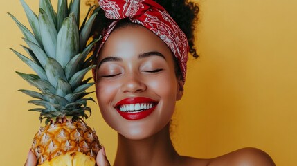 A summertime chick wearing a vibrant bandana and red lipstick smiles while holding a pineapple and closing her eyes.