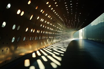 Poster - Illuminated tunnel showcasing reflective patterns and unique architecture during the golden hour in an urban setting. Generative AI