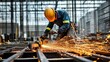 © inthasone - A construction worker cutting metal beams with a power saw, sparks flying