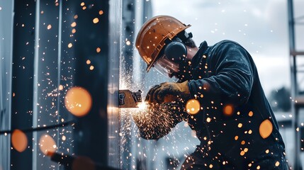 A construction worker cutting metal beams with a power saw, sparks flying