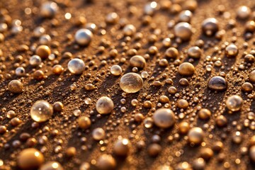 Wall Mural - Dew drops on sandy dirt texture in warm sunlight