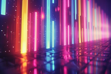 Fototapete - Vibrant neon light bars reflecting on a glossy surface in an abstract digital environment during nighttime. Generative AI