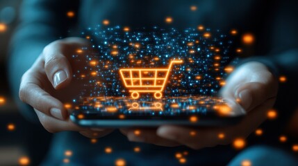 Digital shopping cart with glowing particles concept.