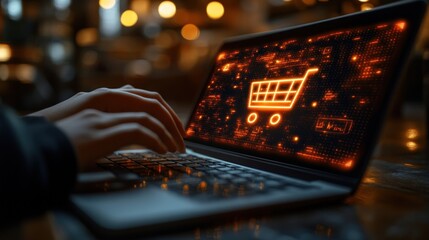 Glowing shopping cart icon on laptop screen at night