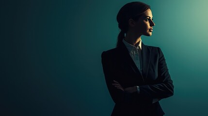 Poster - Female business woman in a formal suit, standing confidently. 