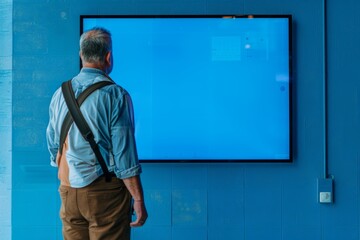 App mockup man in his 50s in front of a interactive digital board with a fully blue screen