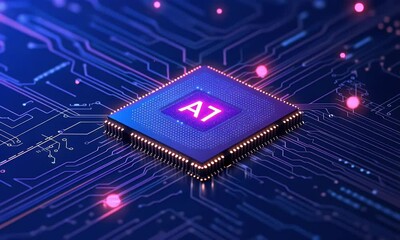 Poster - 
A digital AI letters, floating above circuit board background with glowing nodes and wires.