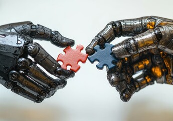 Two robotic hands holding puzzle pieces, connecting.