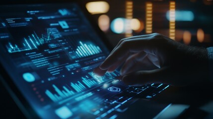 A hand hovers over a laptop keyboard, interacting with a futuristic user interface filled with glowing blue graphs, charts, and data.