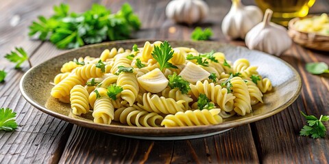 Freshly cooked fusilli pasta tossed with artichoke hearts, garlic, olive oil, and parsley on a ceramic plate