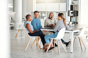 Aufkleber - Business people, meeting and happy in office with digital media management team and chat. Teamwork, conversation and online campaign launch and planning with agency strategy and diversity at startup