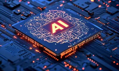Poster - 3D illustration of the human brain on top of an artificial intelligence chip with neon text AI 