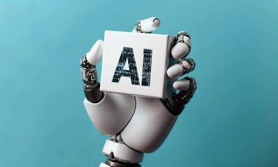 Poster - Digital hand holding a tablet with glowing text AI on a dark background, a digital technology concept for artificial intelligence and machine learning in the business industry.