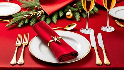 Wall Mural - golden cutlery red cloth napkin christmas dinner setting festive celebration holiday table